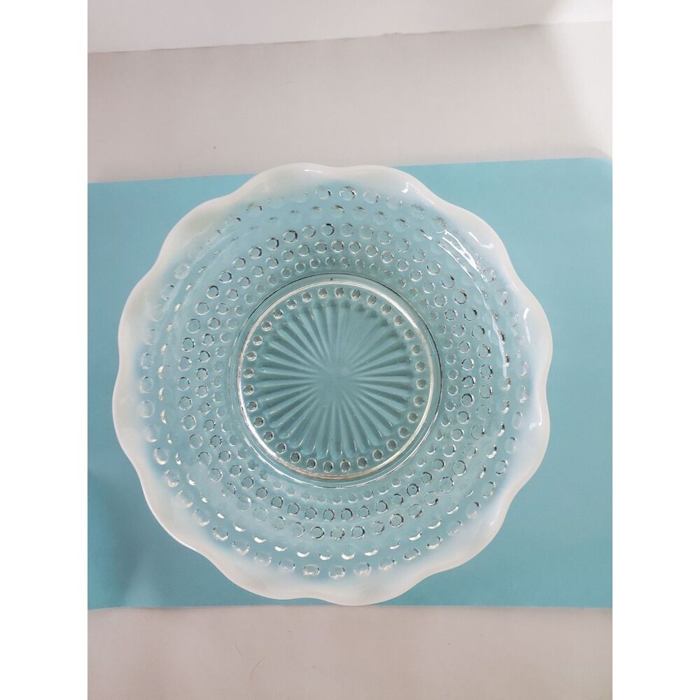 Vintage Fenton Light Blue Opalescent Hobnail Handkerchief Rim Candy Dish Bowl